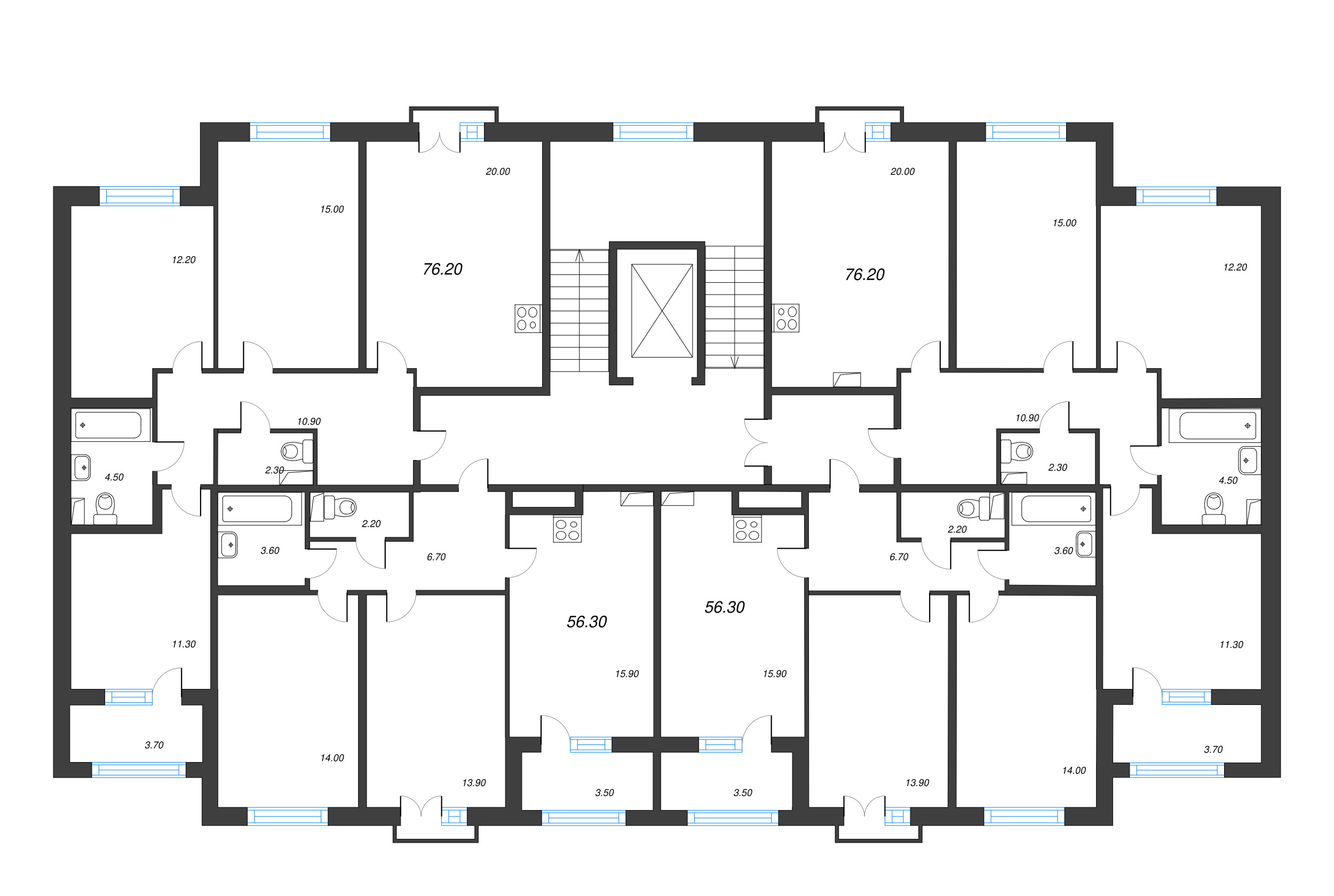 3-комнатная (Евро) квартира, 56.3 м² - планировка этажа