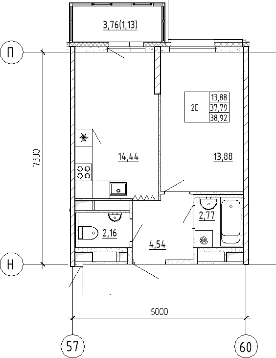 1-комнатная квартира, 38.92 м² - планировка, фото №1