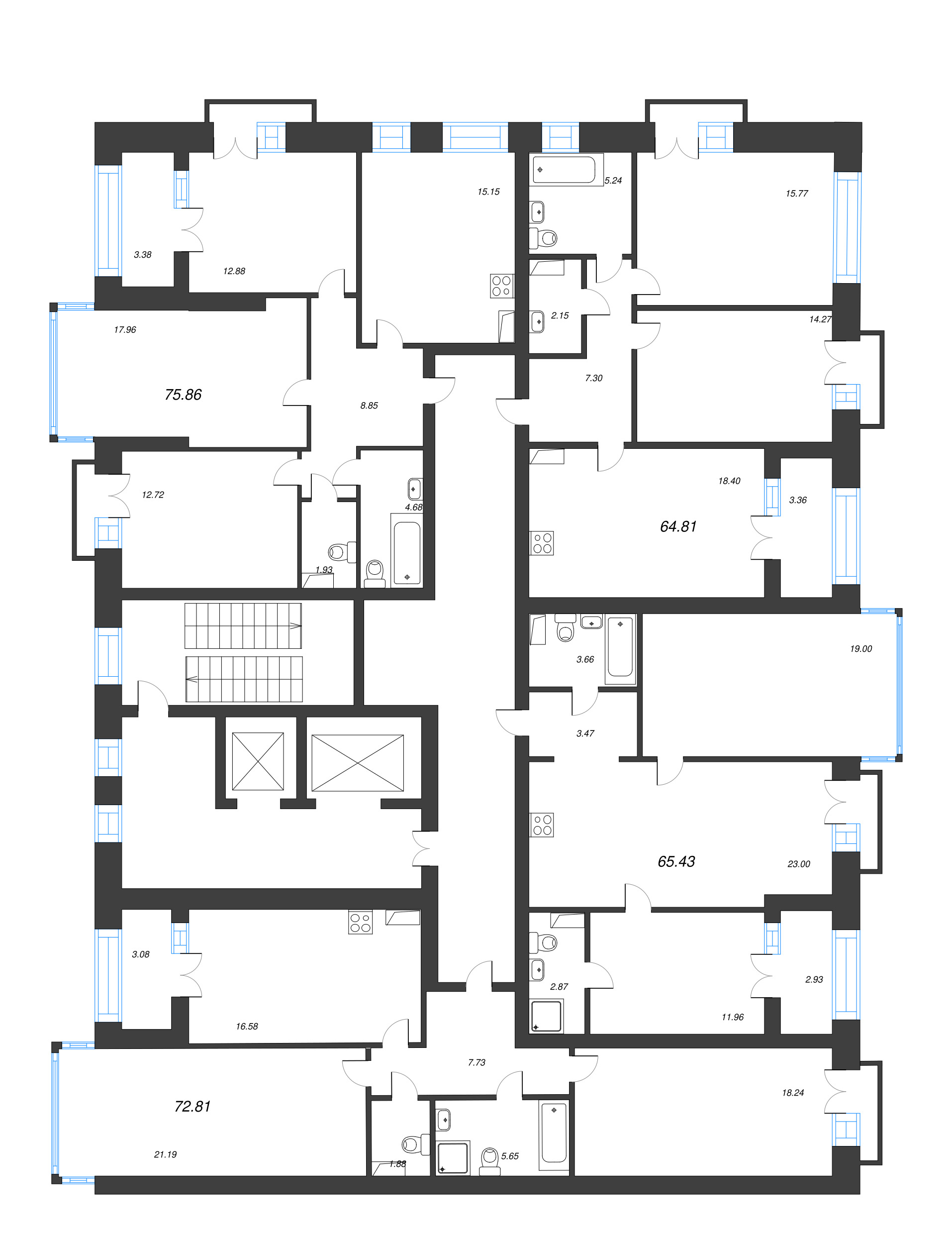 4-комнатная (Евро) квартира, 79.4 м² в ЖК "Наука" - планировка этажа