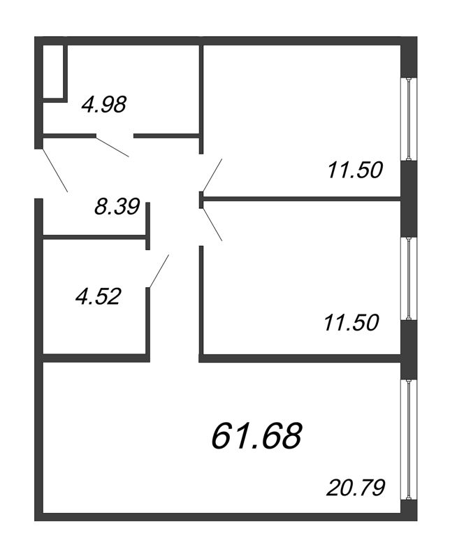 3-комнатная (Евро) квартира, 61.68 м² - планировка, фото №1