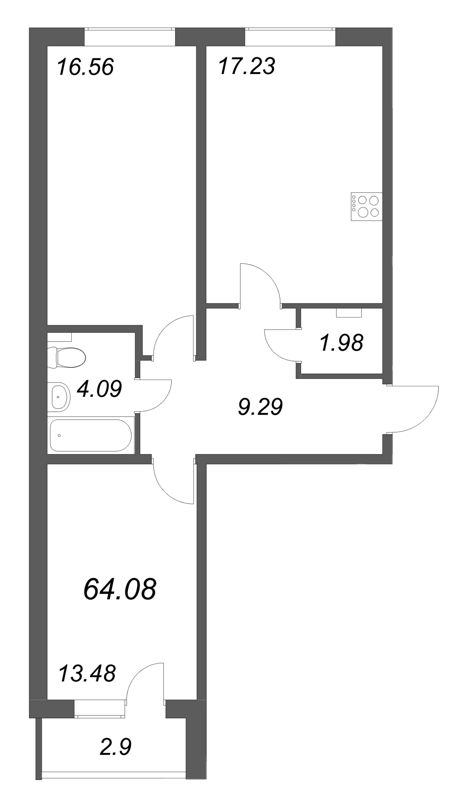 3-комнатная (Евро) квартира, 64.08 м² в ЖК "АРО" - планировка, фото №1