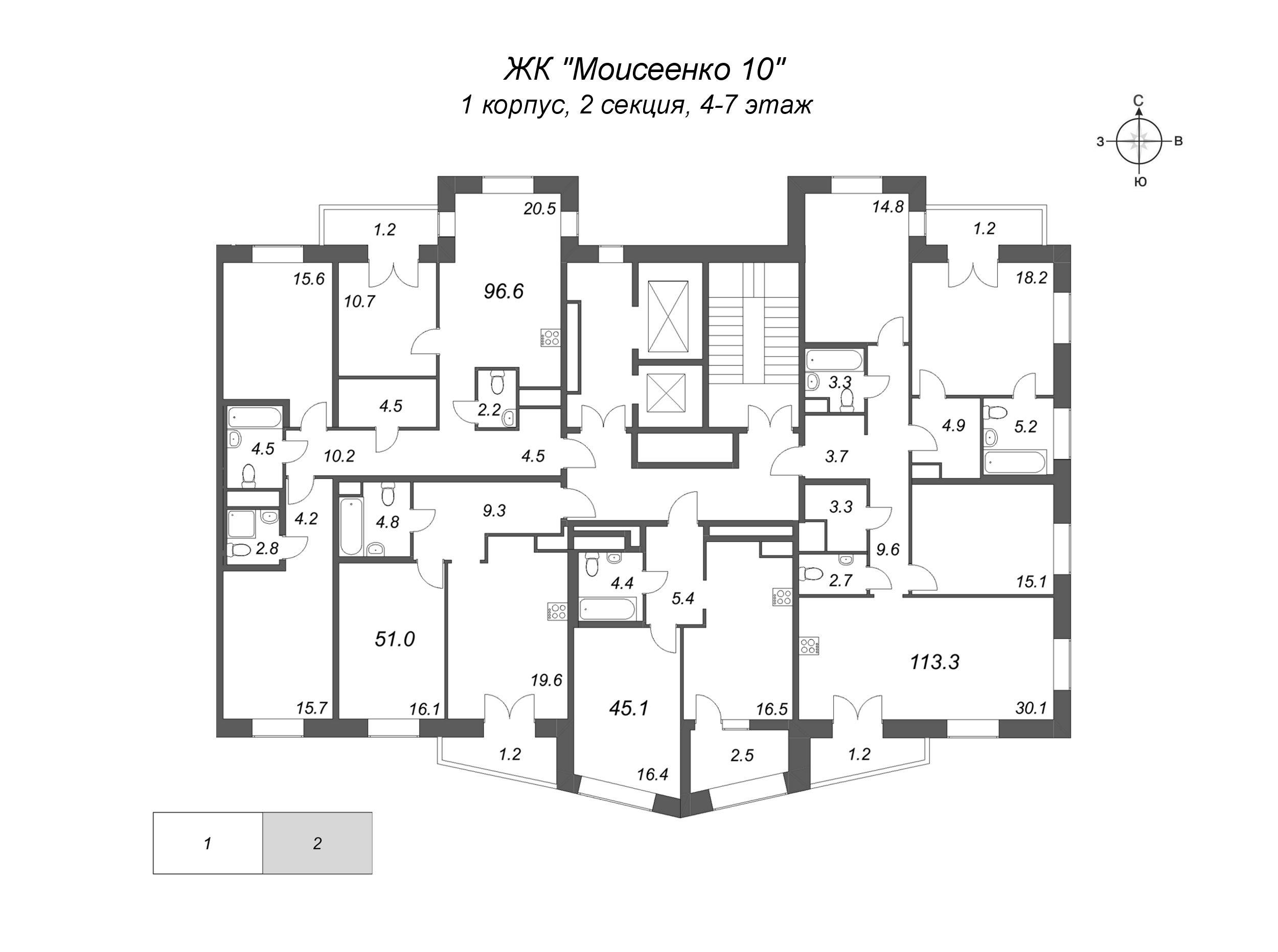 3-комнатная квартира, 96.6 м² в ЖК "Моисеенко 10" - планировка этажа