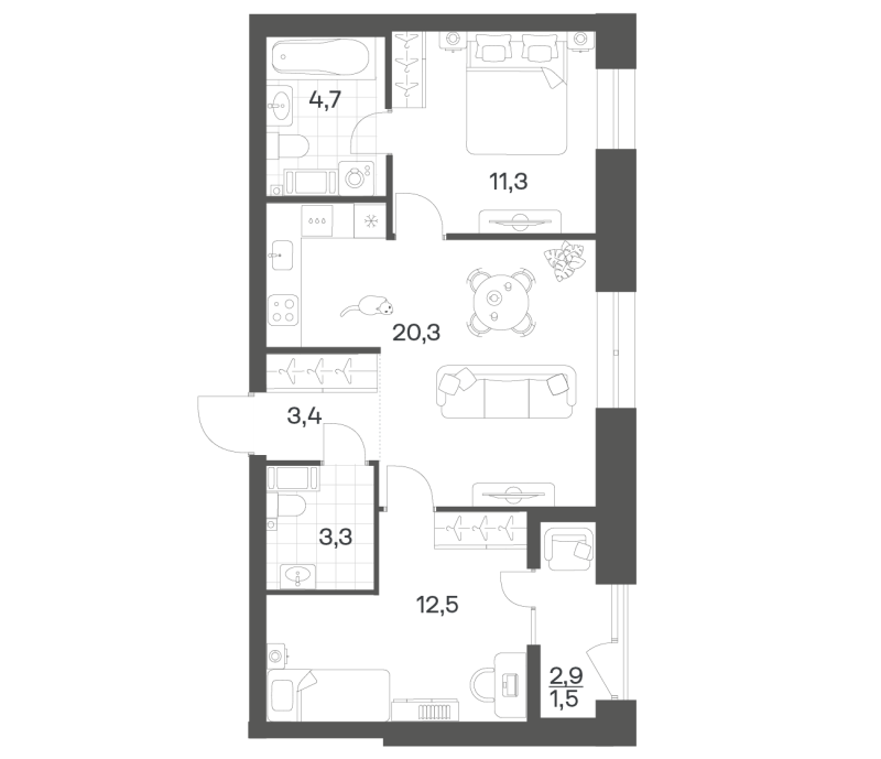 3-комнатная (Евро) квартира, 56.86 м² в ЖК "Новый Питер" - планировка, фото №1