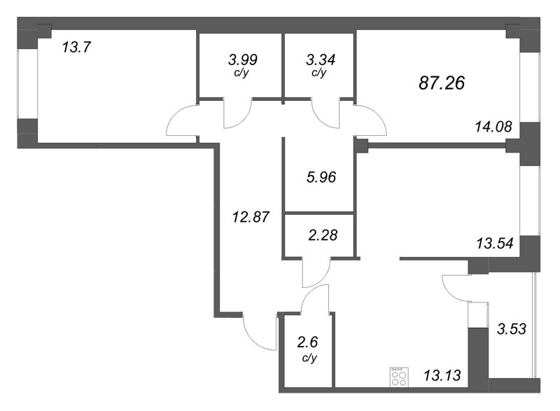 3-комнатная квартира, 87.26 м² в ЖК "Уютный" - планировка, фото №1