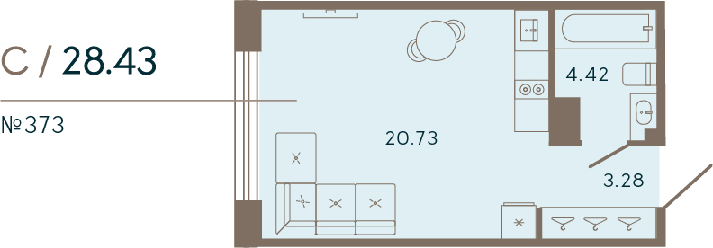 Квартира-студия, 28.43 м² в ЖК "17/33 Петровский остров" - планировка, фото №1