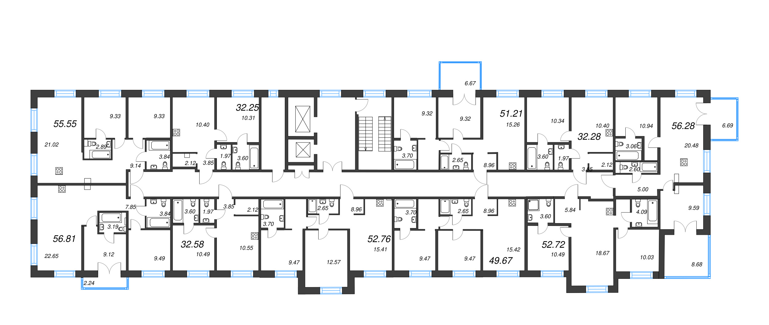 3-комнатная (Евро) квартира, 52.72 м² - планировка этажа