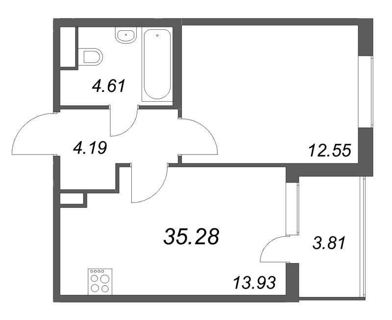 1-комнатная квартира, 35.28 м² в ЖК "ЮгТаун" - планировка, фото №1