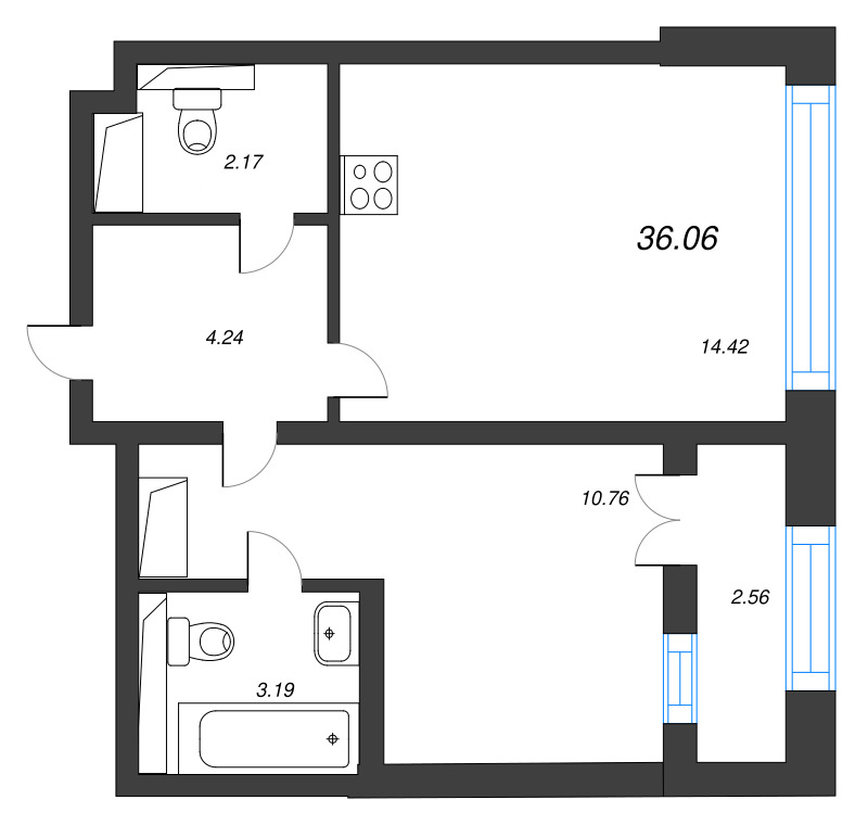 1-комнатная квартира, 36.06 м² - планировка, фото №1