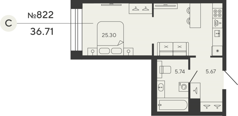 Квартира-студия, 36.71 м² в ЖК "Bashni Element" - планировка, фото №1