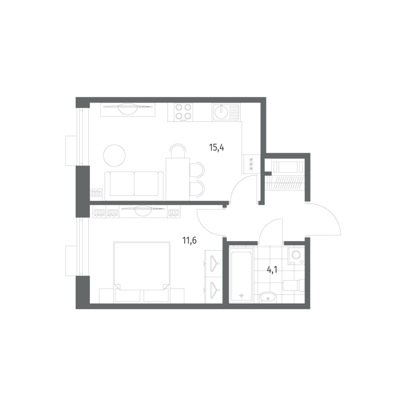 2-комнатная (Евро) квартира, 34.9 м² в ЖК "Парусная 1" - планировка, фото №1