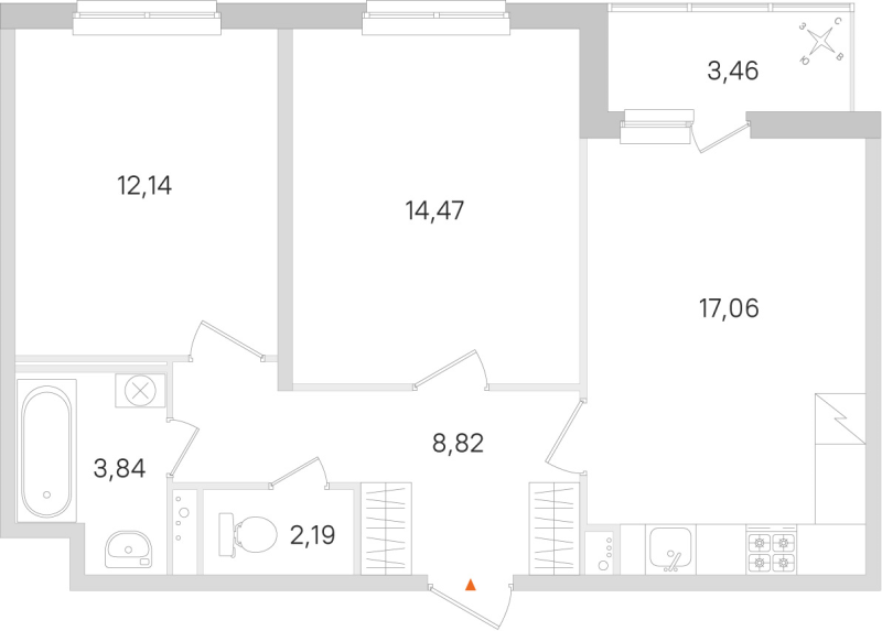 3-комнатная (Евро) квартира, 58.52 м² в ЖК "Ясно.Янино" - планировка, фото №1