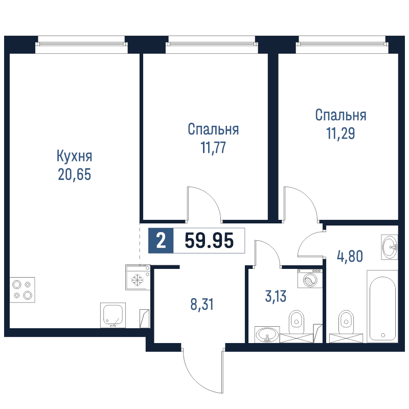 3-комнатная (Евро) квартира, 59.95 м² в ЖК "Максималист" - планировка, фото №1