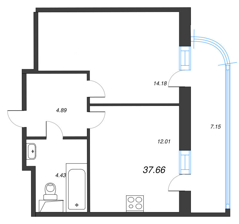 1-комнатная квартира, 37.66 м² - планировка, фото №1