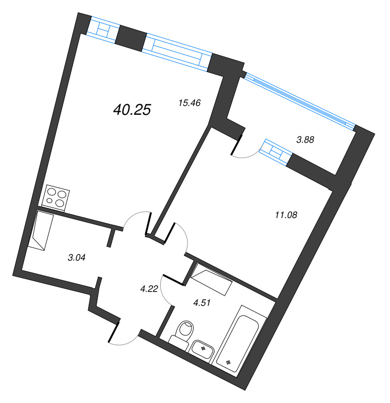 2-комнатная (Евро) квартира, 40.25 м² в ЖК "Дом Левитан" - планировка, фото №1