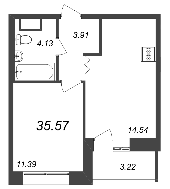 1-комнатная квартира, 35.4 м² в ЖК "Уютный" - планировка, фото №1