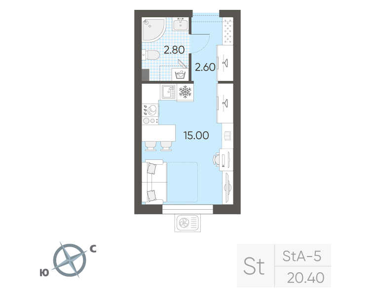 Квартира-студия, 20.4 м² в ЖК "Ручьи" - планировка, фото №1