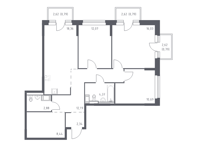 3-комнатная квартира, 89.74 м² - планировка, фото №1