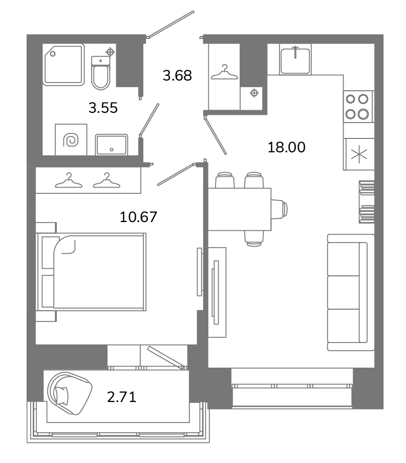 2-комнатная (Евро) квартира, 37.25 м² в ЖК "Твой космос" - планировка, фото №1