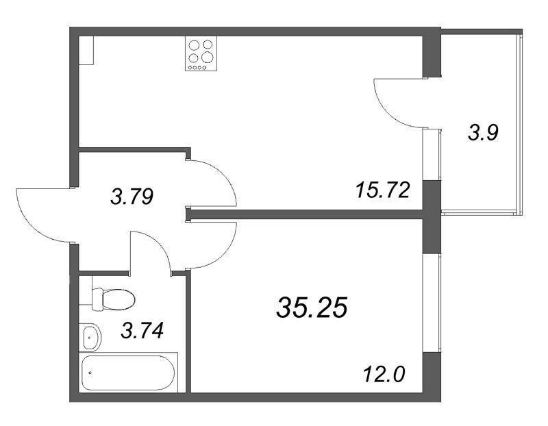 2-комнатная (Евро) квартира, 35.25 м² в ЖК "Любоград" - планировка, фото №1