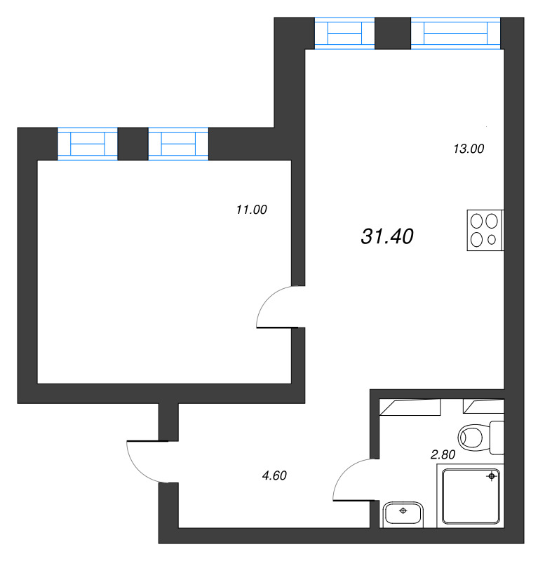 1-комнатная квартира, 31.4 м² - планировка, фото №1