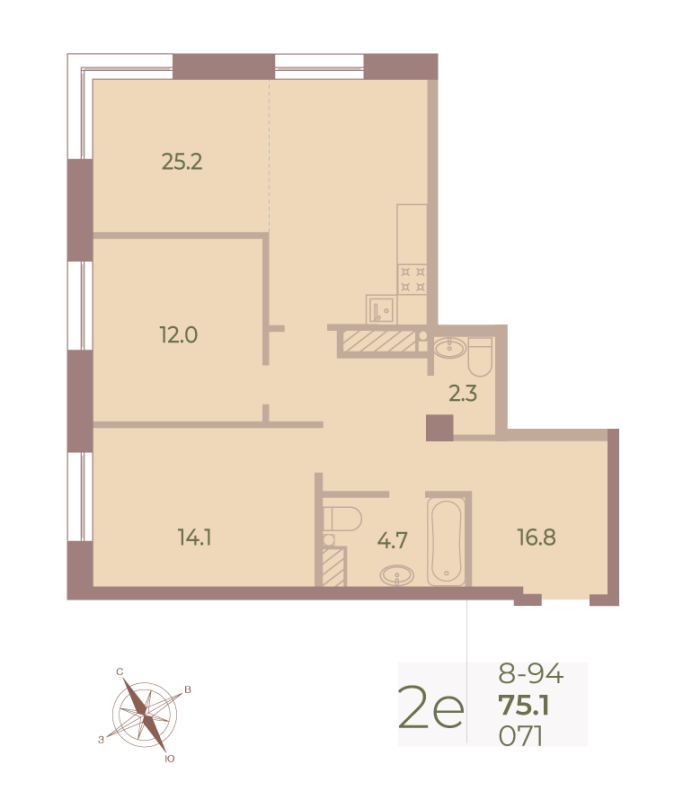 3-комнатная (Евро) квартира, 74.7 м² - планировка, фото №1