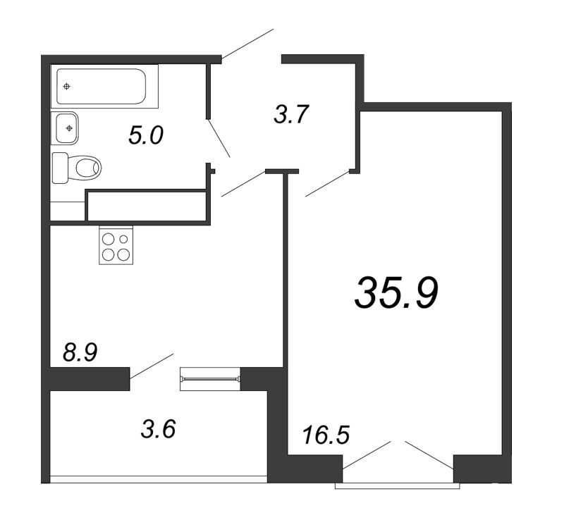 1-комнатная квартира, 36.3 м² в ЖК "Квартал Che" - планировка, фото №1