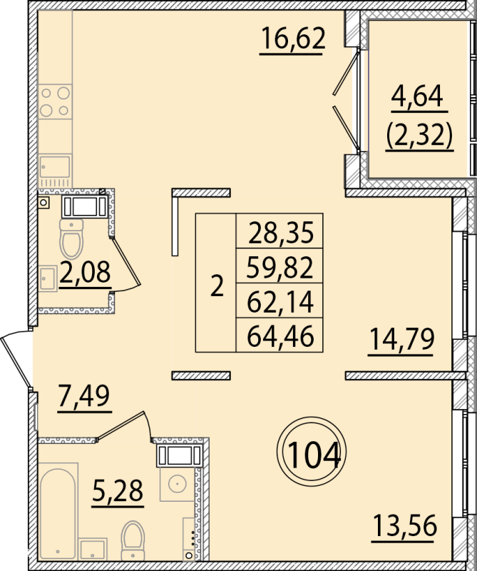 3-комнатная (Евро) квартира, 59.82 м² - планировка, фото №1