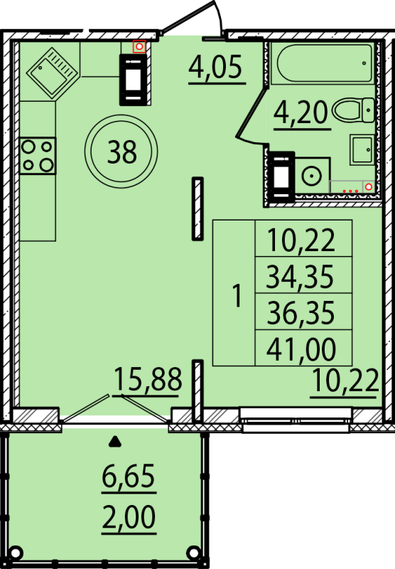 2-комнатная (Евро) квартира, 34.35 м² в ЖК "Образцовый квартал 15" - планировка, фото №1
