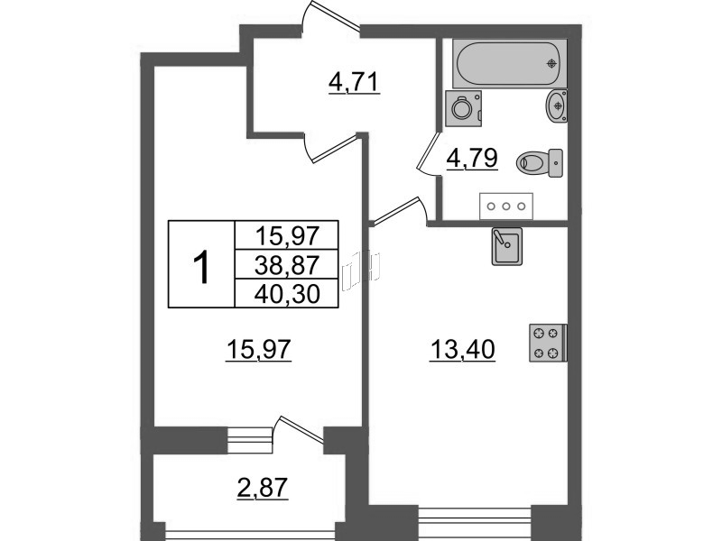 1-комнатная квартира, 40.3 м² - планировка, фото №1