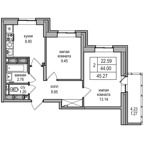 2-комнатная квартира, 45.4 м² в ЖК "Северная Долина" - планировка, фото №1