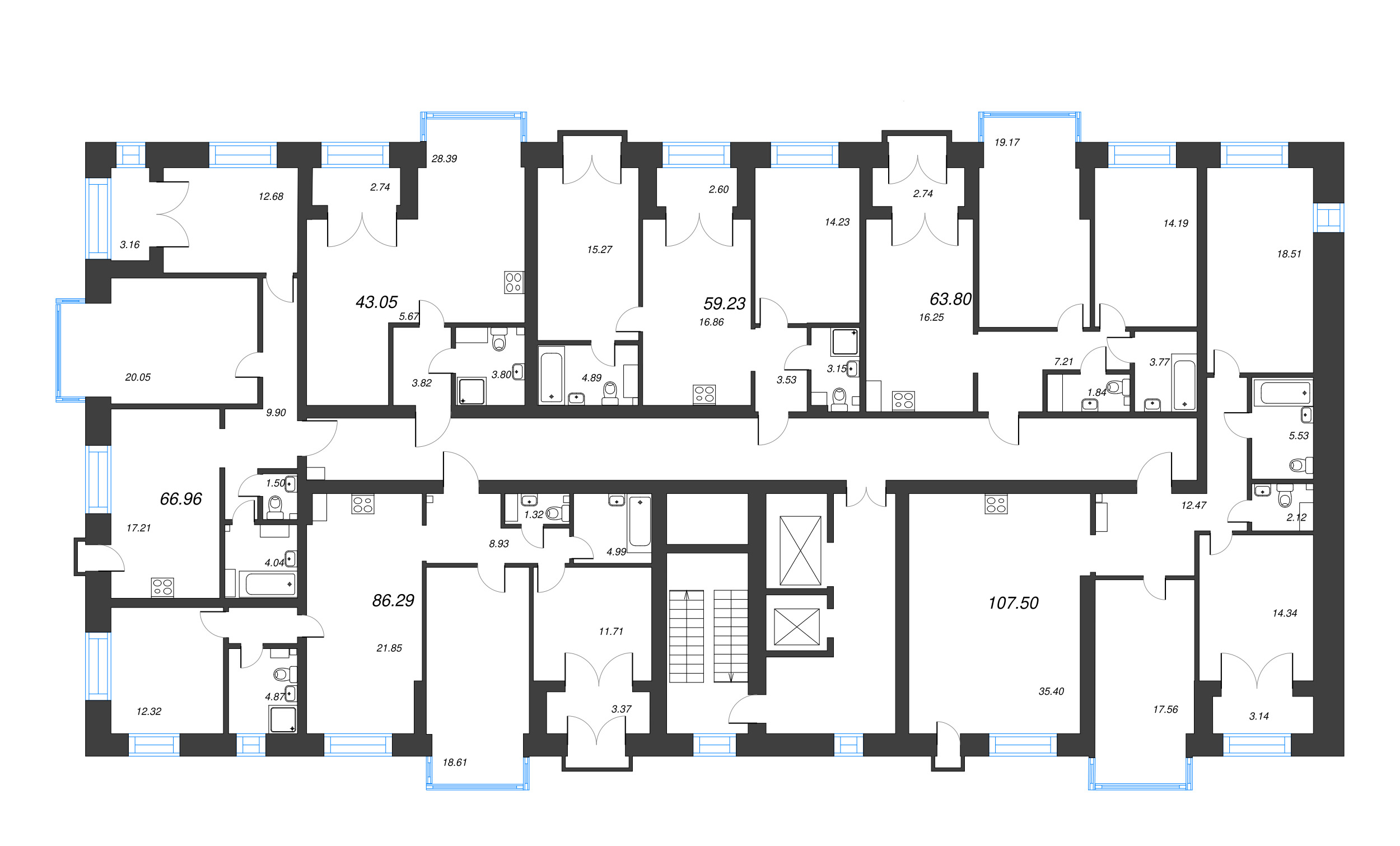 2-комнатная квартира, 66.96 м² - планировка этажа