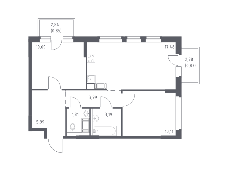 3-комнатная (Евро) квартира, 54.94 м² в ЖК "Новое Колпино" - планировка, фото №1