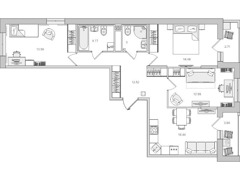 4-комнатная (Евро) квартира, 82.93 м² в ЖК "Город Первых" - планировка, фото №1