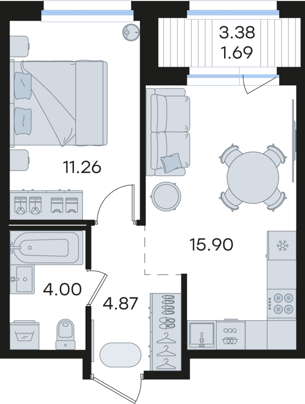 2-комнатная (Евро) квартира, 37.72 м² в ЖК "Парголово" - планировка, фото №1
