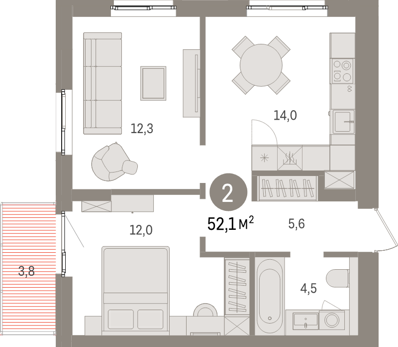 1-комнатная квартира, 52.1 м² в ЖК "Брусника в Новоселье" - планировка, фото №1
