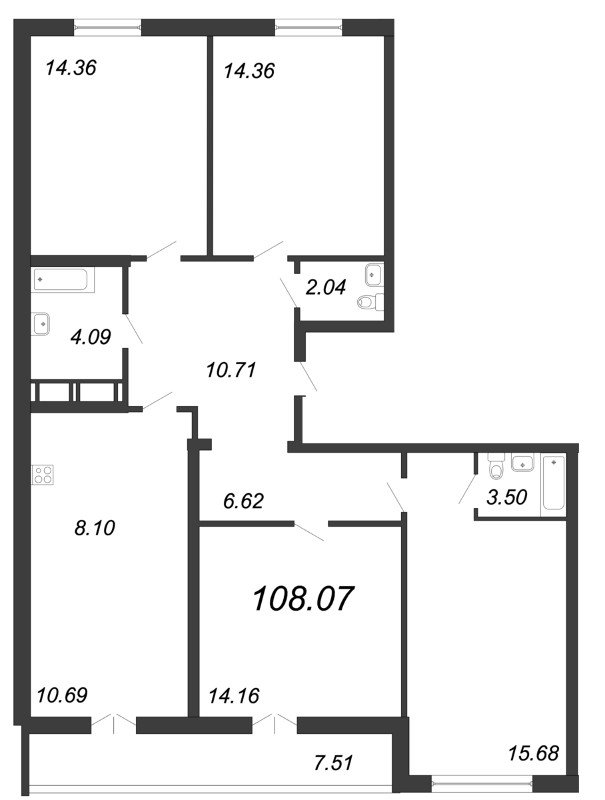 5-комнатная (Евро) квартира, 107.8 м² - планировка, фото №1