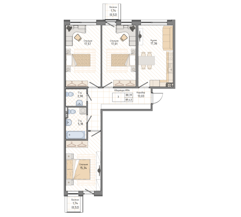3-комнатная квартира, 89.43 м² в ЖК "Мануфактура James Beck" - планировка, фото №1