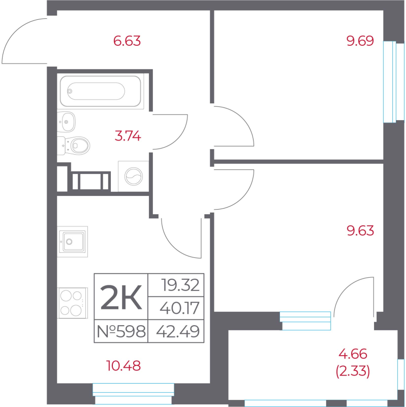 2-комнатная квартира, 42.49 м² в ЖК "Город-спутник Южный" - планировка, фото №1