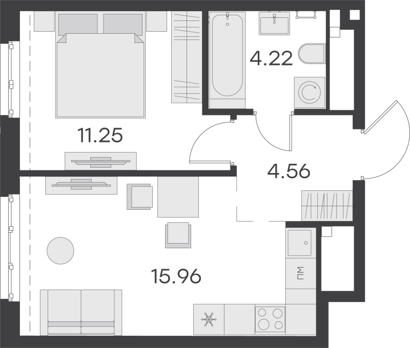 2-комнатная (Евро) квартира, 35.99 м² в ЖК "GloraX Балтийская" - планировка, фото №1