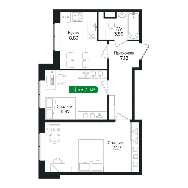 2-комнатная квартира, 47.9 м² в ЖК "Сертолово Парк" - планировка, фото №1