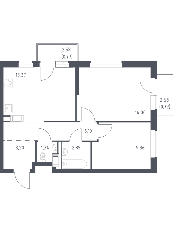 2-комнатная квартира, 51.76 м² - планировка, фото №1