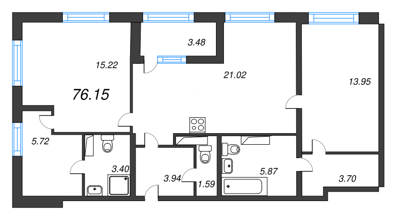 3-комнатная (Евро) квартира, 76.15 м² - планировка, фото №1