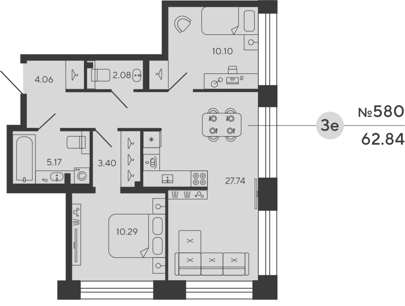 3-комнатная (Евро) квартира, 62.84 м² в ЖК "Башни Элемент" - планировка, фото №1