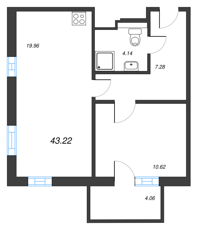 2-комнатная (Евро) квартира, 43.22 м² в ЖК "Рощино Residence" - планировка, фото №1