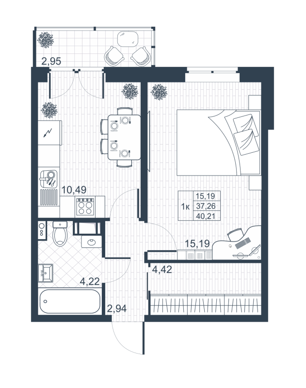 1-комнатная квартира, 37.2 м² в ЖК "Ново-Антропшино" - планировка, фото №1