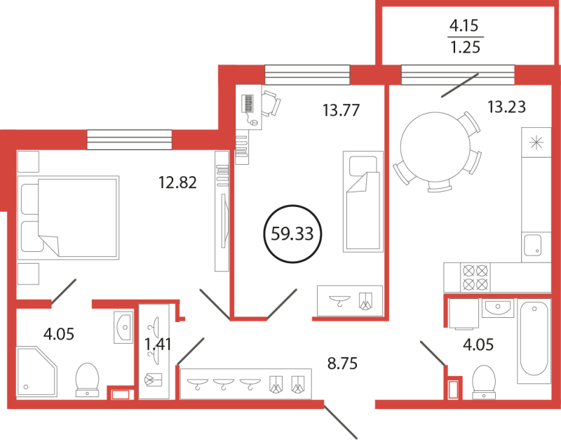 2-комнатная квартира, 59.33 м² в ЖК "Энфилд" - планировка, фото №1