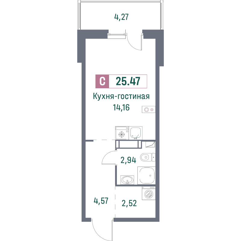 Квартира-студия, 25.47 м² - планировка, фото №1