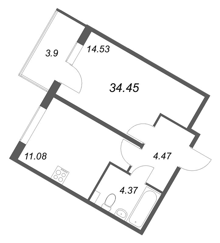 1-комнатная квартира, 34.45 м² в ЖК "Любоград" - планировка, фото №1