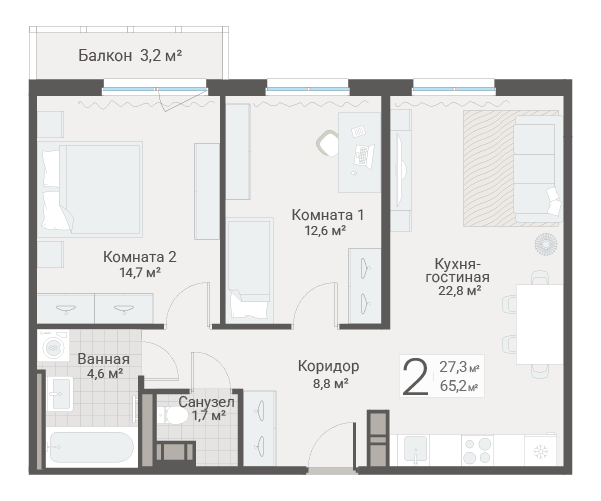 3-комнатная (Евро) квартира, 65.2 м² в ЖК "Руднева 15" - планировка, фото №1