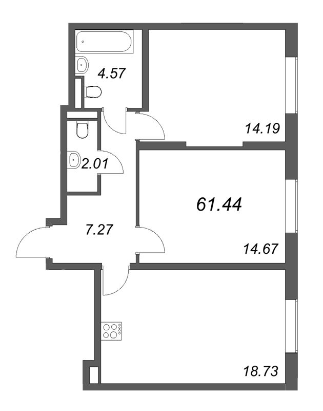 3-комнатная (Евро) квартира, 61.44 м² в ЖК "Цивилизация на неве" - планировка, фото №1